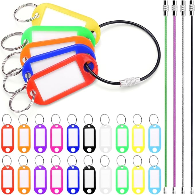 40 Pack Key Tags, Plastic Key Tags with Labels and Split Ring, 4 Keychain Cable and Key Labels for USB Drive, Bags and Luggage Organization - 10 Color