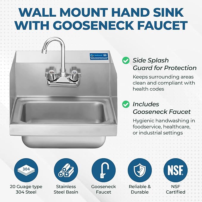 Express KitchQuip 15" x 17" Stainless Steel Wall Mount Hand Sink with Gooseneck Faucet & Side Splash – NSF Certified Commercial Handwashing Basin