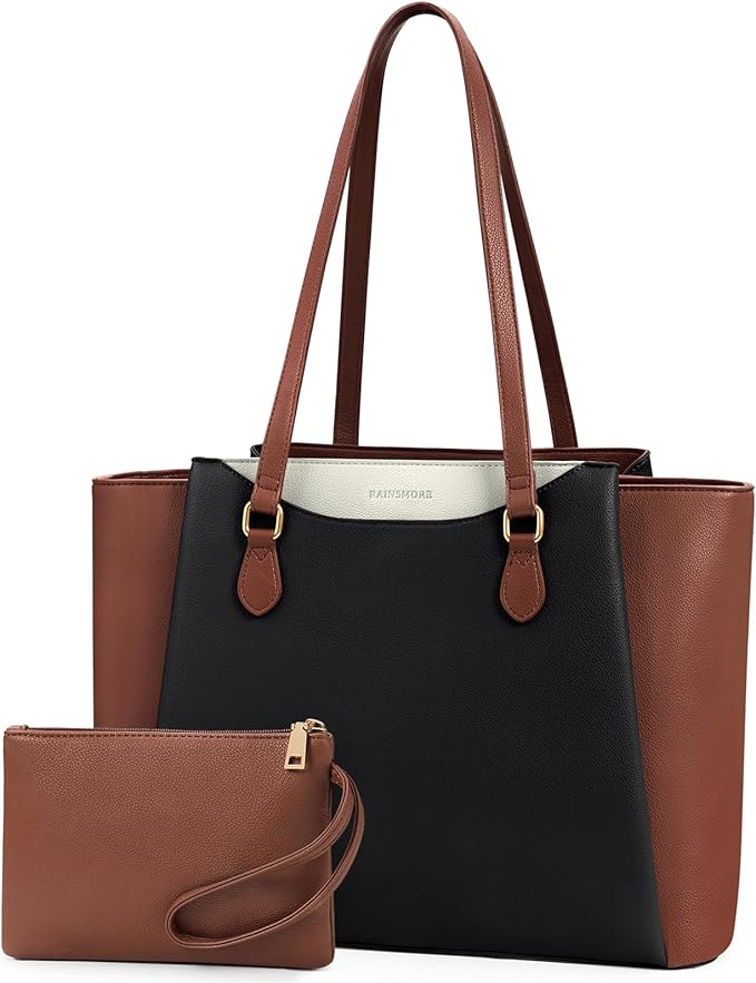 RAINSMORE Laptop Bag for Women 15.6 Inch Work Tote Bags Waterproof Computer Bags Leather Professional Laptop Purse Womens Laptop Briefcase Large Handbag for Office Teacher Travel, Black Brown White