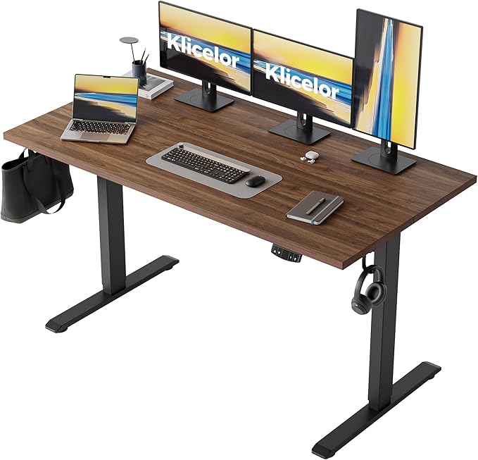 Klicelor 55 Inch Large Electric Standing Desk, Height Adjustable Office Desk, Sit Stand Up Computer Gaming Desk with Memory Preset, Two-Piece Desktop, Dark Walnut