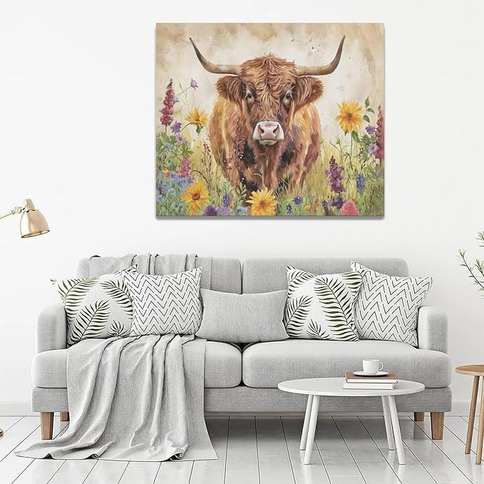 Highland Cow Wall Art Cow Pictures Wall Decor Flora Canvas Prints Painting Framed Artwork Office Home Decor For Bathroom Bedroom Dining Living Room 24L" x 20W"