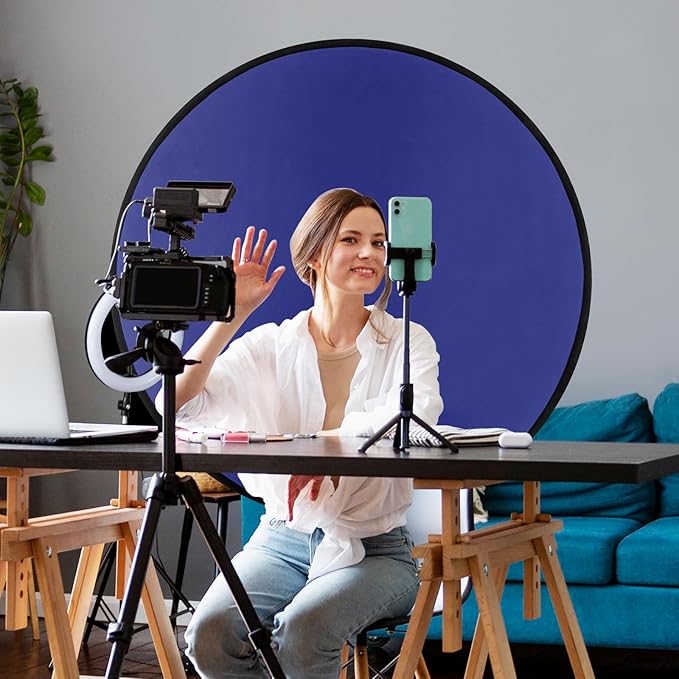 Cosmos 1 Pc Blue Screen Backdrop 43 in / 110 cm Diameter Foldable Portable Photography Background Green Screen Chroma Key Backdrop for Photography Photo Video Studio, Live Streaming, Video Meeting