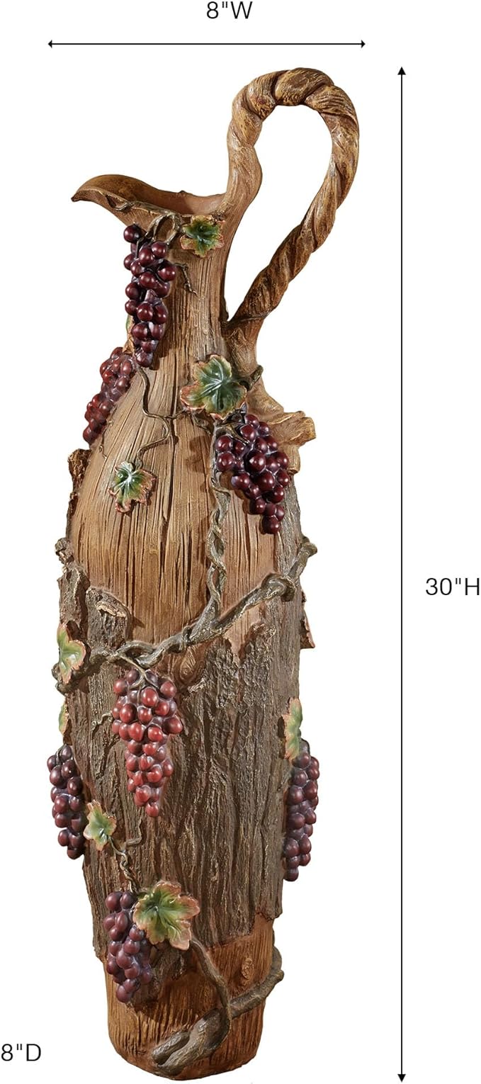 Vintage Harvest Floor Pitcher | Handpainted Realistic Resin Design Resembles Bark, Exposed Wood, Grapevines, & Grapes | Unique Decorative Floor Vase for Wine and Grape Themes | Umbrella or Cane Holder