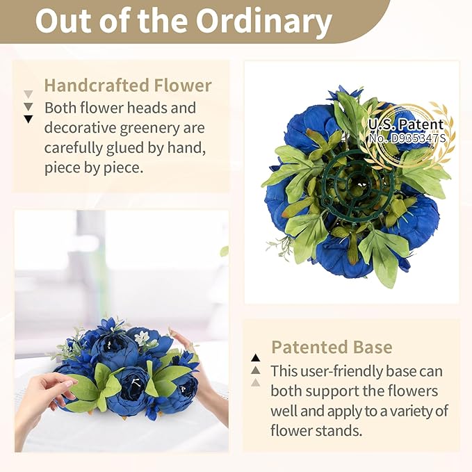 NUPTIO Flower Balls for Centerpieces Wedding: 2 Pcs 9.4 inch Diameter Royal Blue Artificial Flower Ball Arrangement Bouquet Centerpiece for Tables - Fake Peony Flowers for Wedding Decor