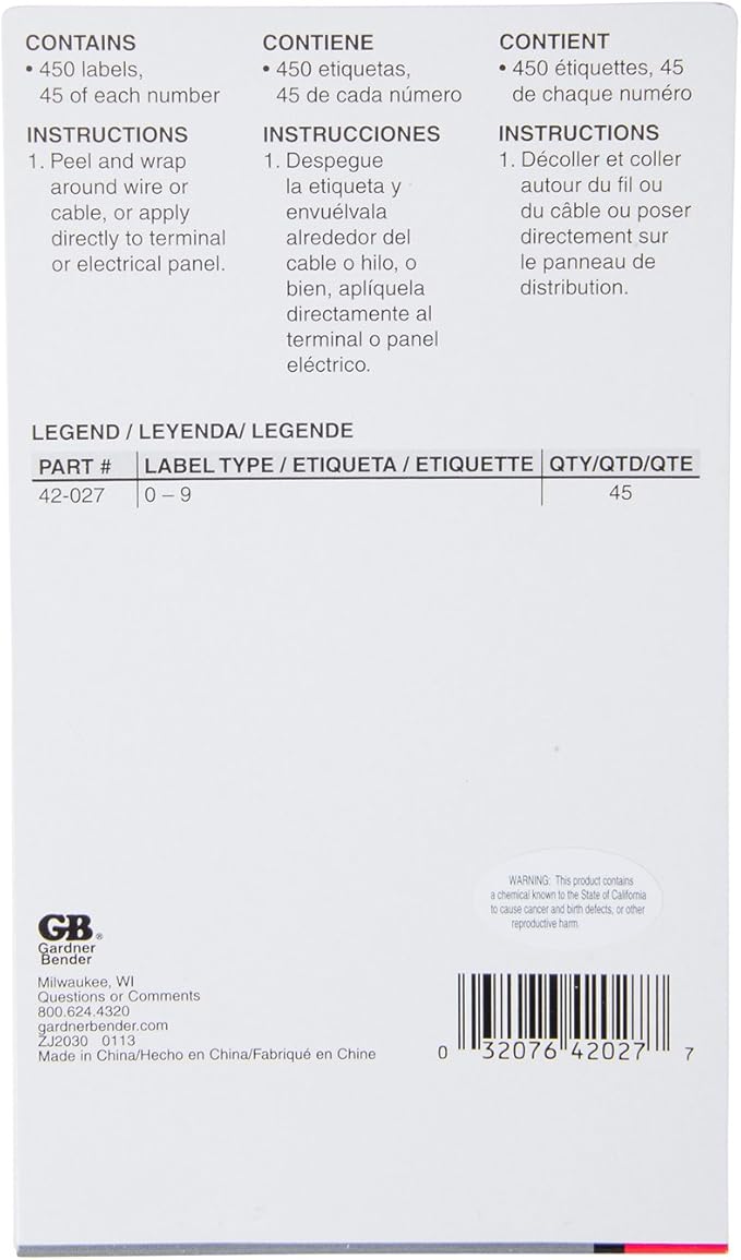 Gardner Bender 42-027 Pocket Wire Marker Booklet, Identification Pack Includes: Numbers 0-9