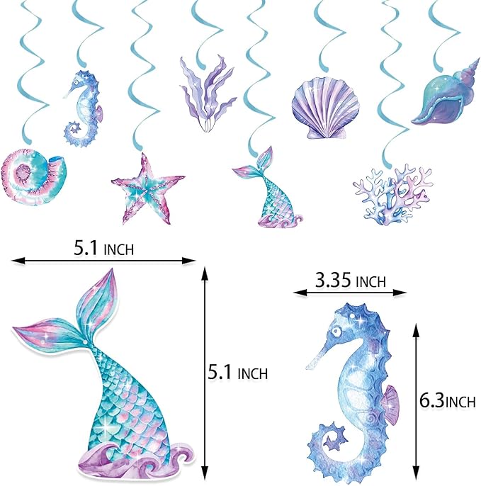 Little Mermaid Party Decorations Streamers - 16Pcs Under The Sea Classroom Hanging Swirl Ceiling Decor,Pool Beach Ocean Underwater Girls Birthday Summer Baby Shower Banner Supplies Hugtmr