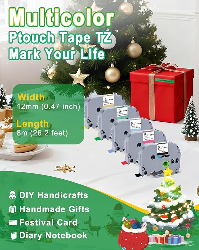 5PK 12mm TZ Tape Gold/Black/Red/Blue/Green Replacement for Brother P Touch Label Maker Refill TZe TZ 12mm 0.47 Laminated Colored Tape for Ptouch PT-D210 PT-H110 PT-P300BT PT-D400