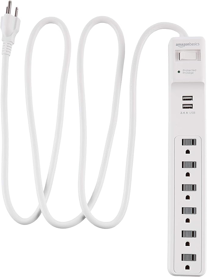 Amazon Basics Power Strip Surge Protector with 6 Outlets,2 USB Ports,1000 Joule Protection,6 Foot Extension Cord,Rectangle,White,(Pack of 6)