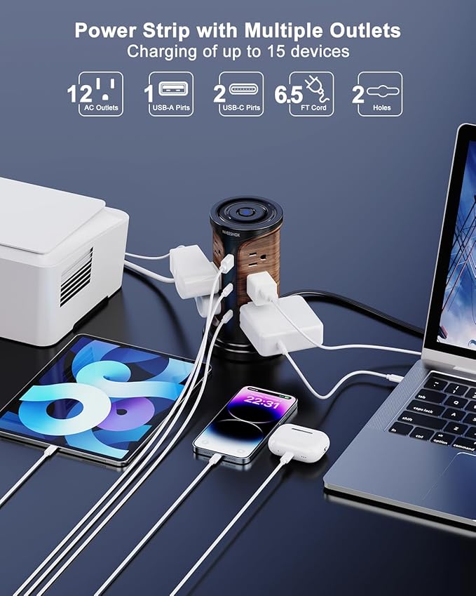 Flat Plug Surge Protector Power Strip Tower with 12 Outlets 3 USB(2 Type C), 6.5 FT Ultra Flat Extension Cord with Multiple Outlets, Charging Station with Screw Wall Mount for Home Office Dorm