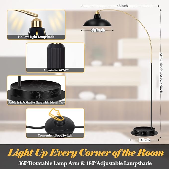 FILIYANO Arc Floor Lamp for Living Room, Marble Base Standing Lamp - Black Gold Floor Lamps with 360° Rotatable Arm, Industrial Tall Lamp Metal Material, Reading Lamp for Bedroom Couch Sofa Desk