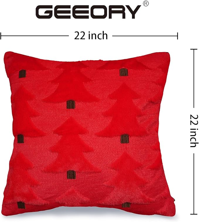 GEEORY Christmas Pillow Covers 22x22 Inch Set of 2, Christmas Decorations Xmas Tree Soft Plush Fluffy Faux Fur Decorative Throw Pillows Farmhouse Winter Cushion Case Red Brown GC035-22