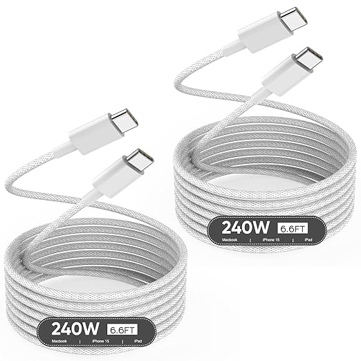 USB C to USB C,240W USB-C Woven Charge Cable,6.6ft 2Pack USB C Cable Fast Charging Cord for Apple MacBook Pro/MacBook Air,iPad Pro/Air,iPad mini,iPhone 16 15 Pro Max Plus Compatible 140W/100W/60W/45W