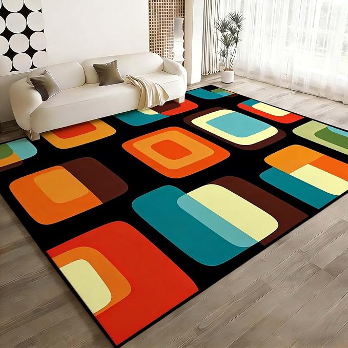 Mid Century Modern Rug, Colorful Abstract Geometric Area Rug, Retro Atomic Starburst Rugs, Washable Non-Slip Soft Low Pile 1950s Carpet for Living Room, Bedroom (6' x 8'(Rectangular))