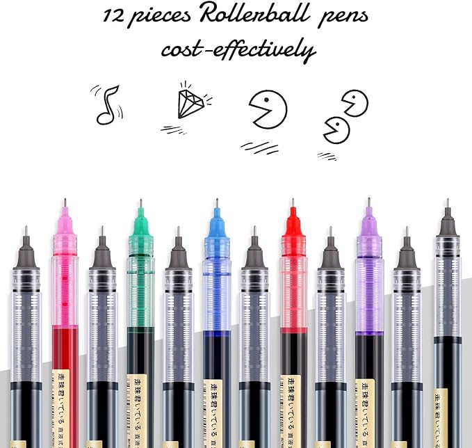 Frienda 12 Pieces Rolling Ball Pens 0.5 mm Japanese Quick Drying Fine Point Pens Liquid Ink Smooth Writing for Office Student Back to School Supplies(Classic Colors)