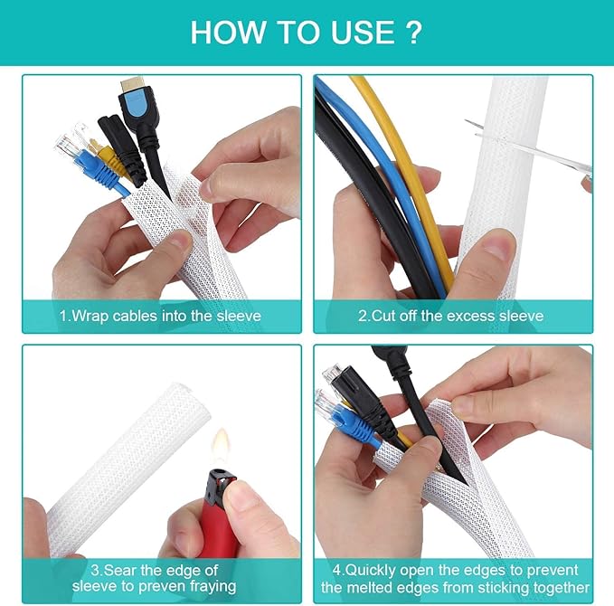 20ft - 3/8 inch White Cable Sleeve, Cable Organizer for Desk PC TV Computer, Wire Protector Cable Wrap Cover, Cord Management for Home Office