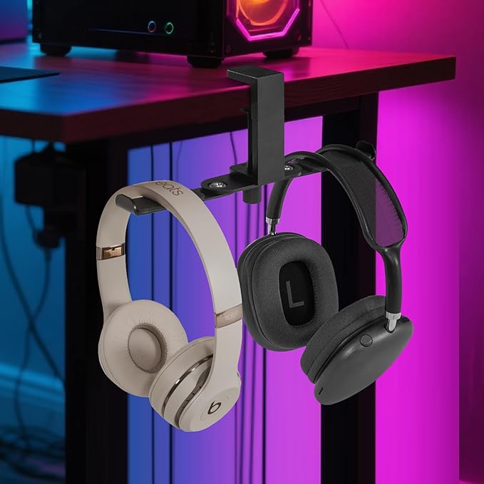 blingwider 2 Hooks Aluminum Foldable Headphone Holder for Desk, Headset Stand for Desk,Backpack Holder Hook for Desk,Table Bag Hook,Under Desk Clamp Hook for Gaming PC Accessories,Black