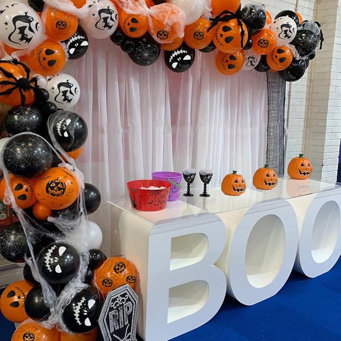 Halloween Decoration Balloons, 50pcs 12 Inch Black Orange White Halloween Balloons Bat Spooky Pumpkin Spider Web Halloween Balloons for Halloween Party Decoration Outdoor Home, Yard Backdrop Party