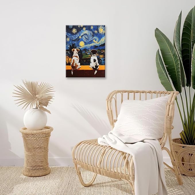 Dog Wall Art, Starry Night Dogs Pictures Wall Decor, Animal Canvas Prints Painting, Framed Artwork for Bathroom Living Room Bedroom Office Dining Room 20"X16"