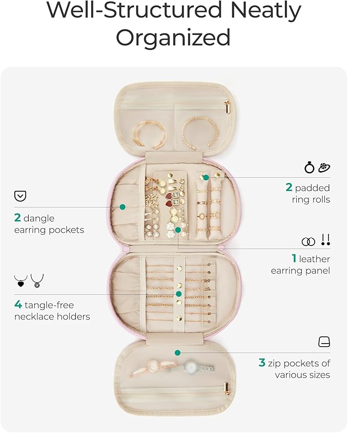 BAGSMART Travel Jewelry Case Jewelry Organizer Storage Roll Rings Necklaces Earrings Bracelets Brooches Watch Large Portable Light Pink