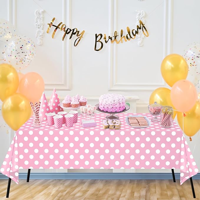 WNINK 6 Pack Light Pink and White Polka Dot Tablecloths, Pink Disposable Plastic Table Cover for Birthday, Wedding, Bachelor, Pink Girl Party, and Picnic Camping Parties 54" x 108"