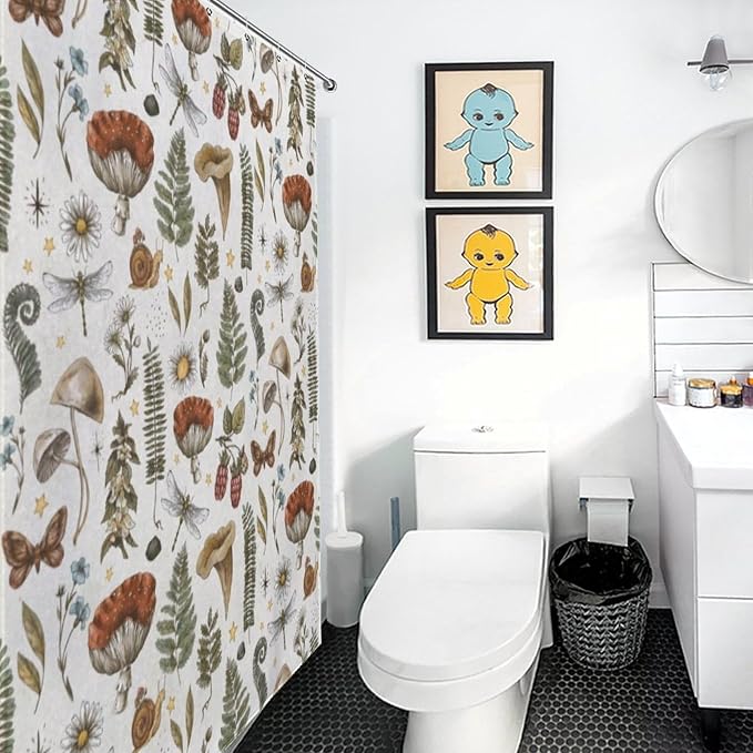 Mushroom Shower Curtain for Bathroom, Farmhouse Country Wild Floral Daisy Botanical Mushroom Cottagecore Nature Plants Herbs Retro Waterproof Fabric Shower Curtain Set with Hooks, 72"x78" Inch