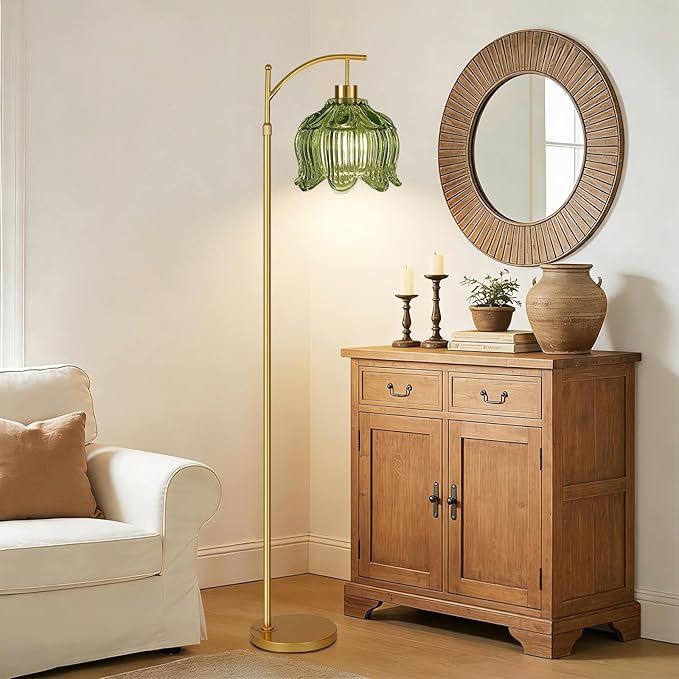 QIYIZM Glass Floor Lamp for Living Room,Bedroom,Gold Dimmable Standing Lamp with Remote,Mid Century Modern Brass Tall Lamp Boho Vintage Floor Lamps Arc Green Tulip Flower Floor Light Lamp Bohemian