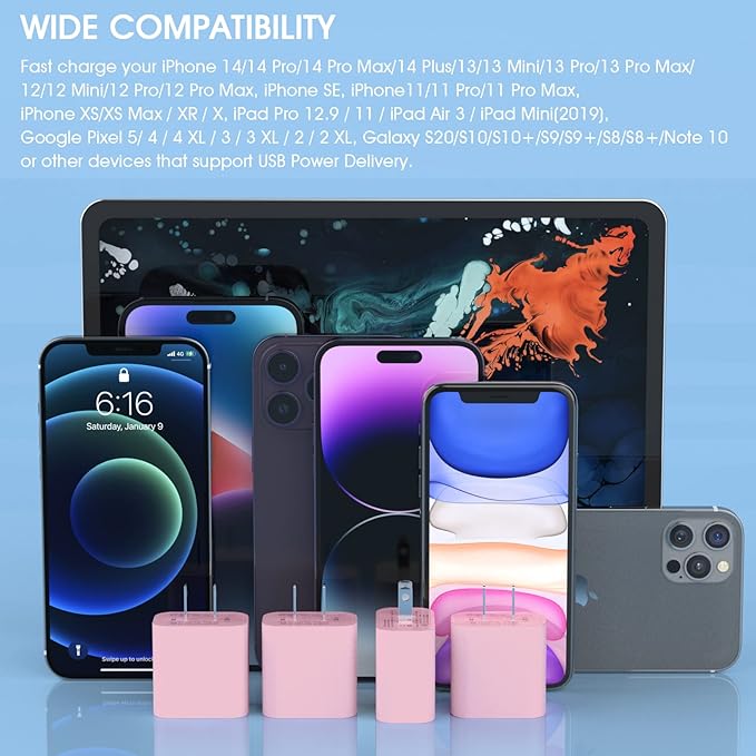 4Pack USB C Charger Block, iGENJUN 20W USB C Charger Wall Charger PD 3.0 Plug Box Type C Brick Cube, Compact USBC Power Adapter for Phone 16/16 Pro/15/14, Galaxy, Pixel, AirPods Pro-Baby Pink
