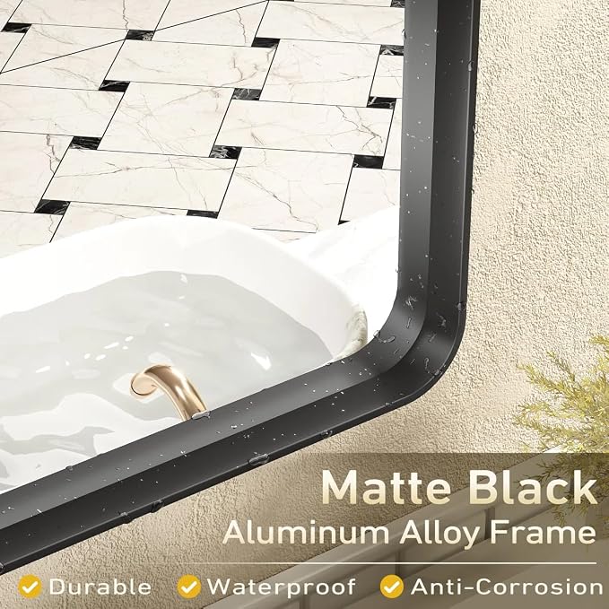 48x30 Inch Black Framed Mirror for Wall, Matte Black Bathroom Rectangle Mirror, Rounded Corner, Anti-Rust, Shatterproof (Horizontal/Vertical)