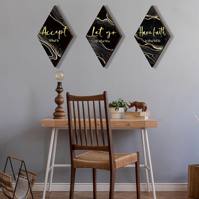 3 Pcs Black And Gold Bathroom Decor Gold Wall Decor with Accept Let Go Have Faith Quote Rustic Vintage Farmhouse Wooden Hanging Signs for Women Home Laundry Living Room Bedroom(Black Gold, 12 x 7Inch)
