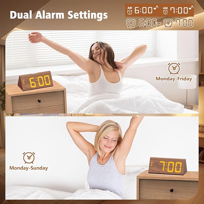 fomobest Wooden Digital Alarm Clock with Dual USB Charging Ports, DST, Dimmable, Snooze, Modern Large Time Display LED Clock for Kids Bedrooms, Living Room, Desk, Table, Bedside, Nightstand (Brown)