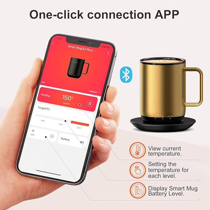 Vsitoo S3 Plus 14oz Heated Coffee Mug- Temperature Control Smart Mug with Mug Warmer, Auto-Sensing AI Heats Drinks to 120-150°F Hands-Free.Ideal for Home/Office/Gifts，Gold