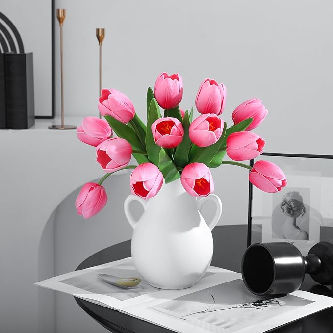 Pink Artificial Tulips, 2 Bundles 14Pcs, Fake Tulips Artificial Flowers, 2 x 2.4 Inch Large Flower Head Big Tulip, Easter Valentine's Day Mother's Day Home Decoration Flowers