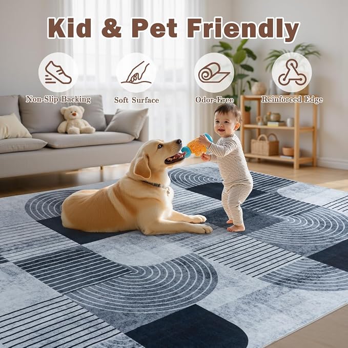 Large 9x12 Area Rugs for Living Room-Soft Modern Geometric Gray Rug for Bedroom, Washable Non-Slip Indoor Floor Abstract Carpet for Dining Room Nursery Office Home Decor