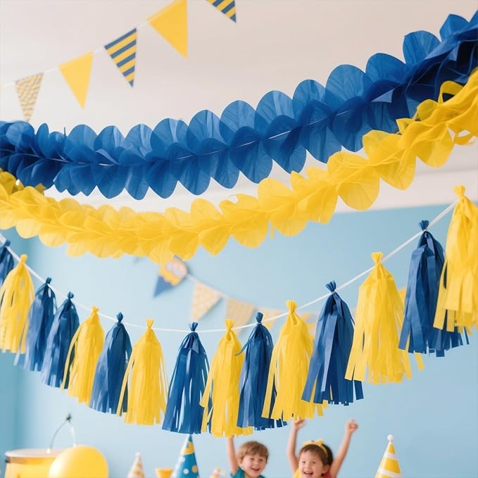 Navy Blue and Yellow Tissue Paper Tassels Party Tassel Garland Banner for Blue Yellow Party Decorations, DIY Kits,20PCS