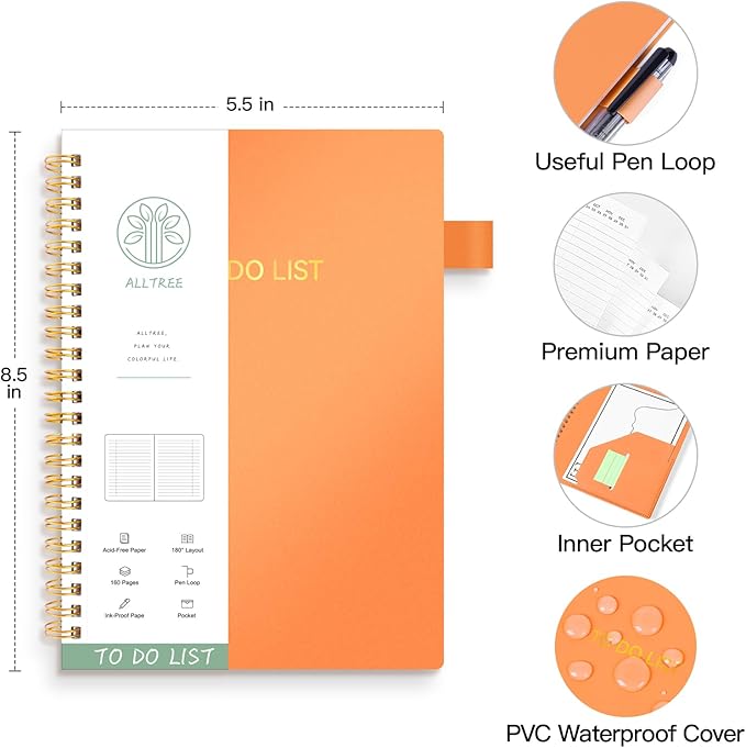ALLTREE To Do List Notepad Spiral Planner, Daily Task Tracker with Wide lined Notebooks, Work Planner with Pocket, Pen Loop, 160 Pages, Orange (5.5"x8.5")