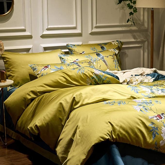 mixinni Floral Duvet Cover Set Full Soft Cotton White Flowers Birds Bedding with Zipper Closure 2 Pillowcases Leaf Printed Yellow Comforter Cover Set-Easy Care, Soft and Durable-Full Size