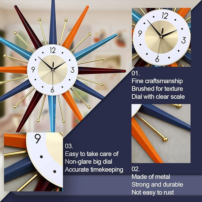 FIELDY Large Wall Clock 22 Inch Mid Century Wall Clocks Starburst Clock Non Ticking Battery Operated 3D Wall Clocks Home Décor for Living Room, Kitchen, Dining Room, Bedroom