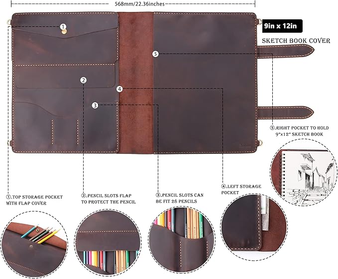 Robrasim Handmade Leather Sketchbook Cover, Artist Sketch Pad Holder for 9"X12" Sketchbook, Drawing Book and Pencil Case, Journal Notebook Portfolio with Shoulder Strap, Artist Gifts, Coffee