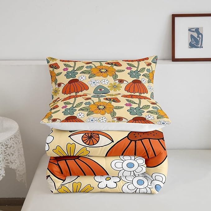 Castle Fairy Retro Flowers Comforter Set Twin Size,70s Floral Mushroom Quilt Set for Kids Boys Bedroom Collection,Art Hippie Plant Eye Print Polyester Bedding with 1 Pillowcase,2Pcs