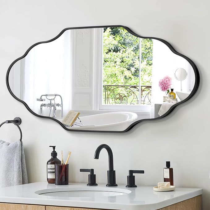 Scalloped Mirror for Bathroom - 20"x36" Black Bathroom Mirror with Aviation Aluminum Alloy Frame & Shatter-Proof Glass for Living Room Bedroom Entryway, Brushed Black Frame