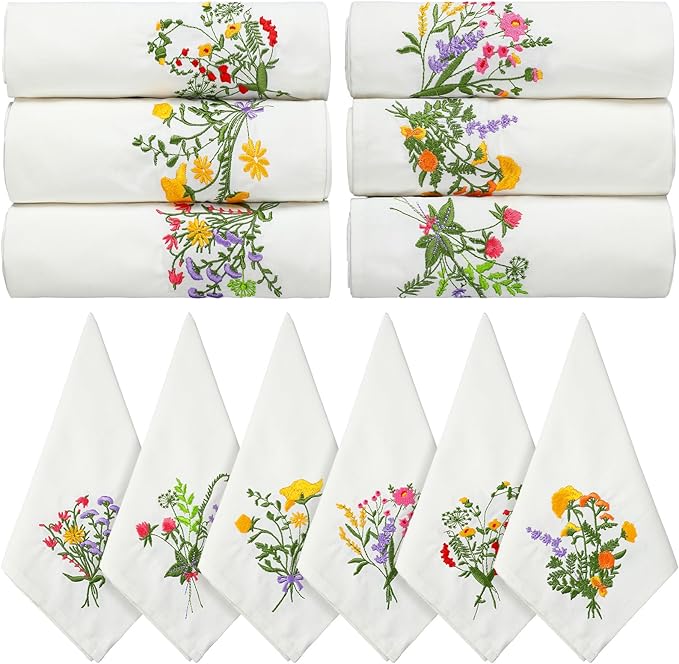 Tioncy 18 Pcs Christmas Floral Cloth Napkins Decorations Bulk Embroidered Wildflower Dinner Napkins Tea Cocktail Party Gifts Xmas Stocking Stuffers for Holiday Table Decor (White)