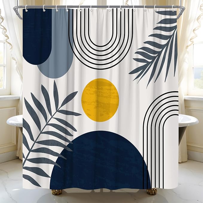 Mid Century Modern Shower Curtain Boho Navy Blue Abstract Retro Aesthetic Fabric for Bathroom Decor Bathtub with Hooks (67" WX70 H)