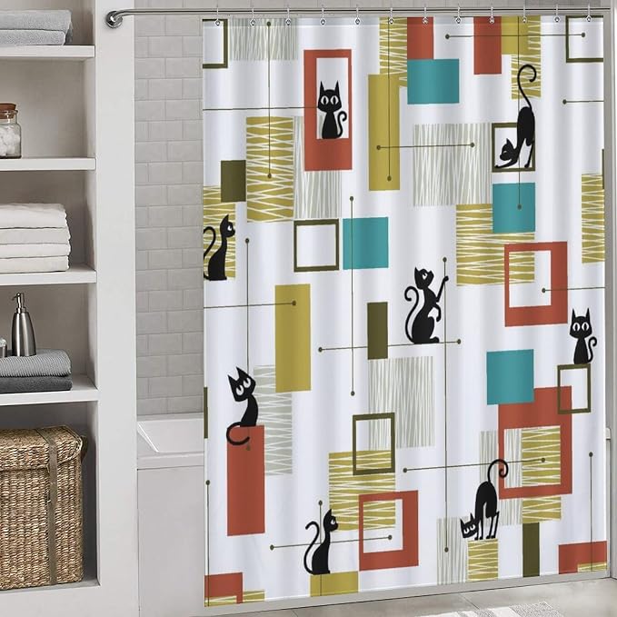 Mid Century Shower Curtain for Bathroom, Modern Black Cat Abstract Atomic Geometric Pattern Lovely Kittey Retro 1950s 1960s Waterproof Fabric Shower Curtain Set with Hooks72 x84 Inch