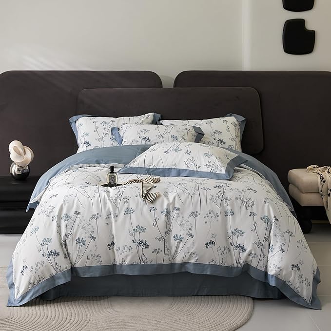Blue Floral Duvet Cover Full Girl Soft Cotton Flowers Bedding Set with 2 Pillowcases Vintage White Blue Botanical Bedding Duvet Cover Sets for Full Bed,Chic Shabby Bedding,All Season