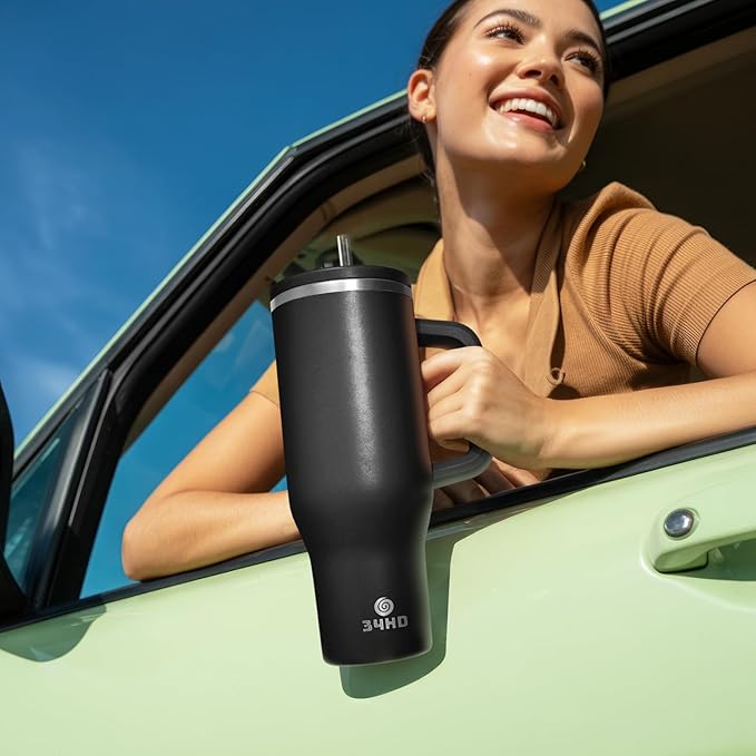 34HD 40 oz Stainless Steel Tumbler - Leakproof Insulated Water Bottle with Handle, Magnetic Lid and Flexible Straw - Iced for 48 Hours – Perfect for Men, Women, Birthday Gift, Black - Midnight Onyx