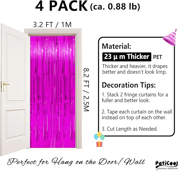 Thicken Hot Pink Streamers 4 Pack 3.2x8.2 FT, Pink Birthday Decrorations Tinsel Backdrop Curtains, Foil Fringe Photo Backdrop for Bachelorette, Graduation, Summer Hawaiian Party Decorations
