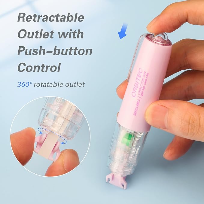 BITOSEE Refillable Retractable Quick Dry Correction Tape,Mini Small Japan Aesthetic Cute Correction Tape, with Easy to Use Kawaii Pen Shaped Applicator,for School Office Supplies