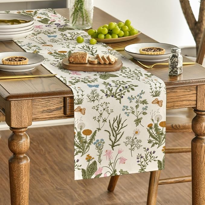 Artoid Mode Wildflowers Floral Spring Table Runner, Butterfly Seasonal Summer Kitchen Dining Table Decoration for Home Party Decor 13x108 Inch