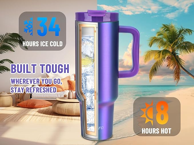 Zukro 50 oz Tumbler With Handle and Flip Straw, Leak Proof Lid, Double-Wall Stainless Steel Water Bottle for Home, Oiffce, Work, Large Vacuum Insulated Travel Cup Fit in Cupholder, BPA-Free, Aurora