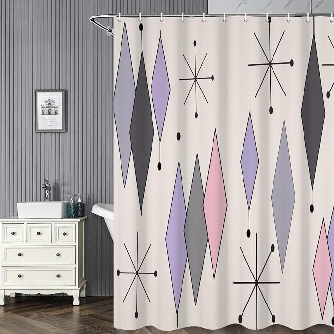 Boho Mid Century Shower Curtain Abstract Purple Grey Pink Diamond Geometric Atomic Starburst Pattern Beige for 1950s Retro Bathroom Decor Shower Curtain Set with 12 Hooks, 65x72 Inches